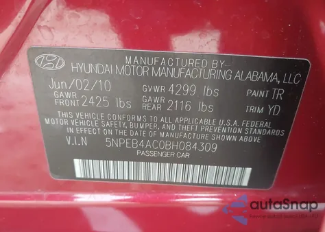 2011 Hyundai Sonata Gls z USA, uszkodzony, nr VIN 5NPEB4AC0BH084309